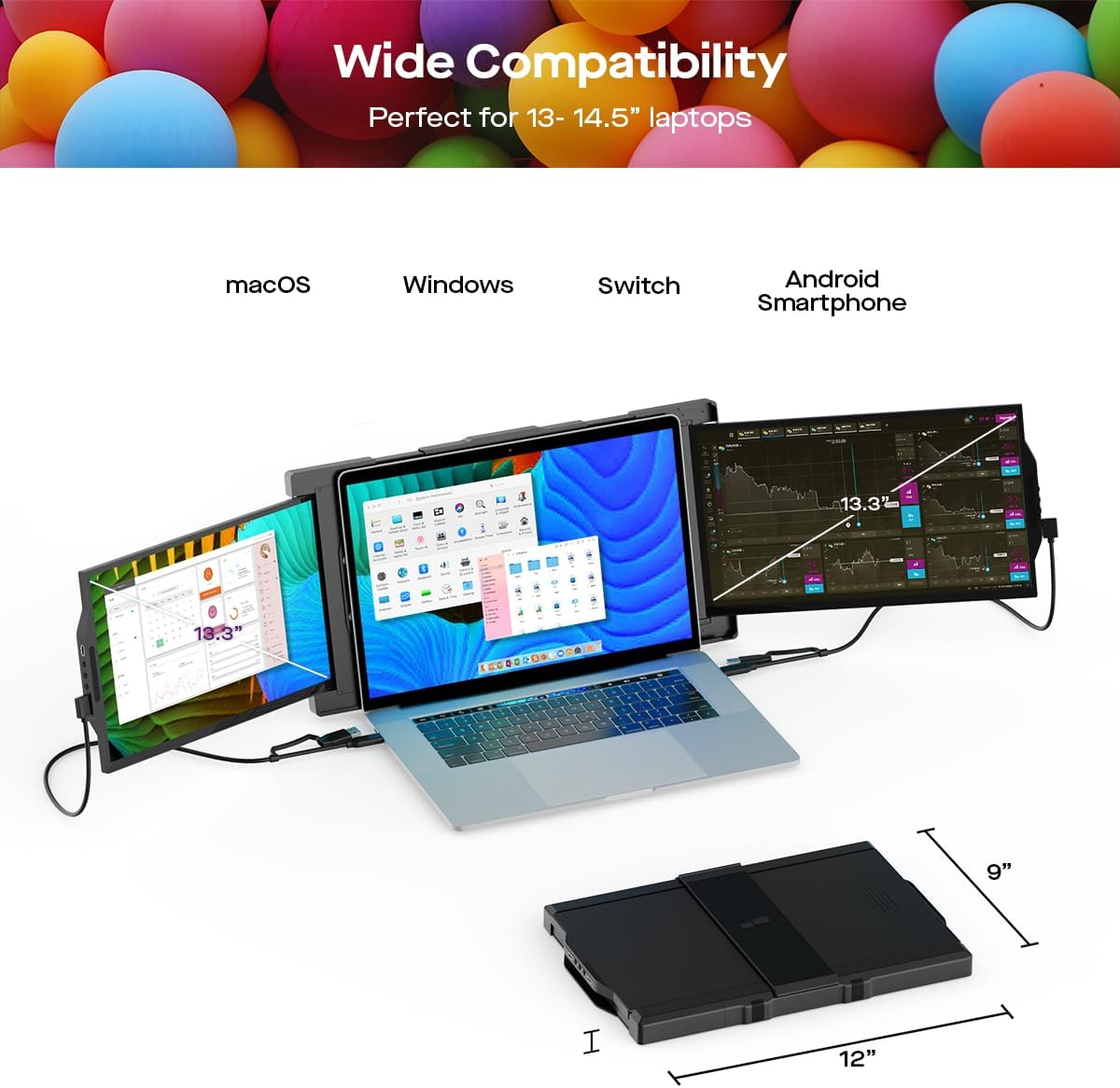 Mobile Pixels 14'' Trio Max Portable Monitor for Laptops，Full HD IPS USB A/Type-C USB Powered Dual Tri Screen, Plug and Play Mac Windows Switch Compatible( One 14.1'' monitor plus kickstand)