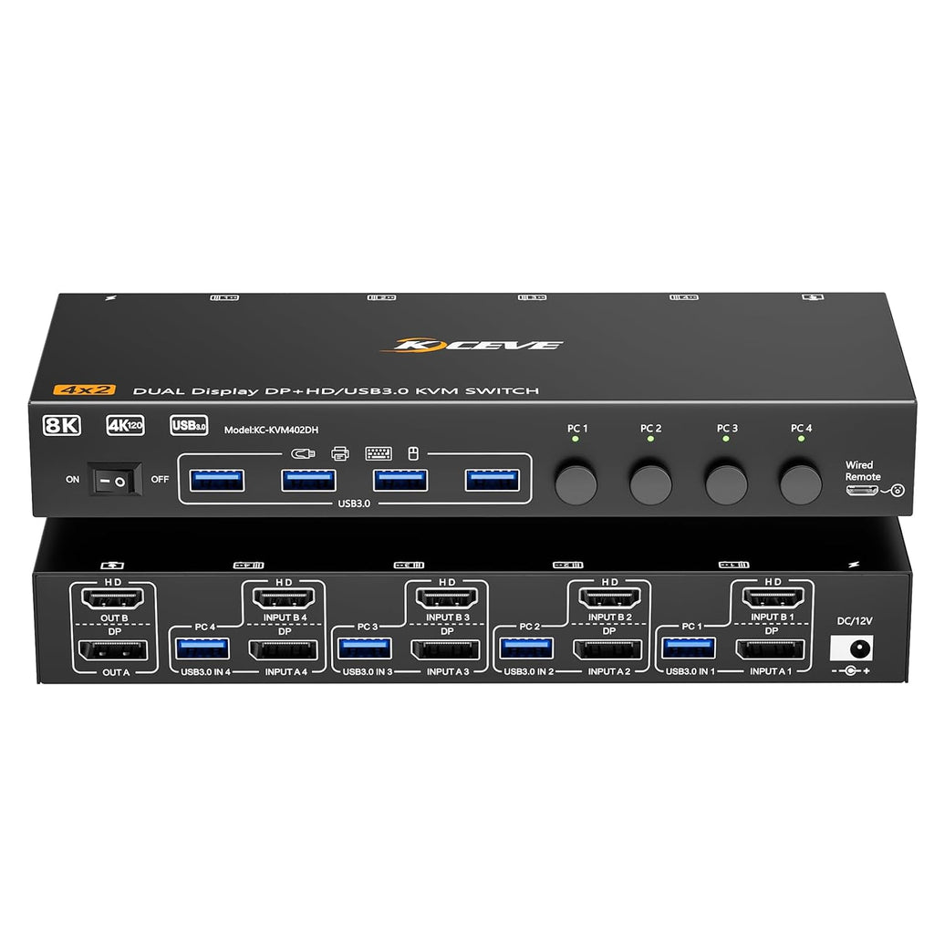 4 Computers 2 Monitors DP+HDMI KVM Switch