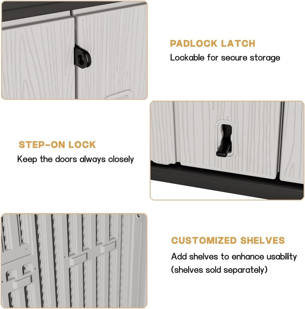 KINYING Outdoor Horizontal Storage Sheds,37 Cu.ft Outdoor Storage Cabinet Waterproof Resin Tool Storage Box for Lawn Mower,Garden Tools and Patio Furniture, Lockable (Grey)