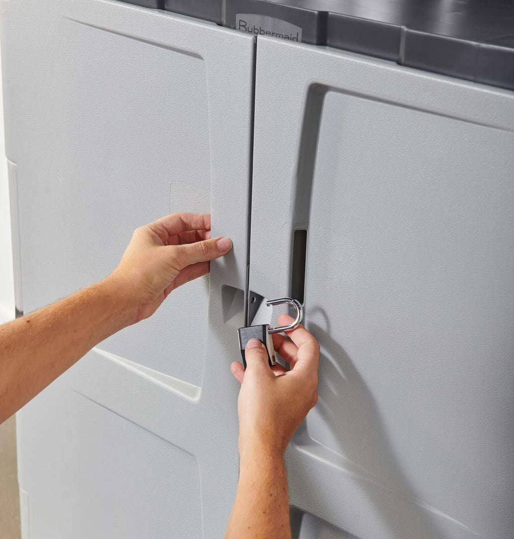 Rubbermaid Freestanding Storage Cabinet with Doors 18'D x 36'W x 37'H Medium Gray/Black Two-Shelf Lockable Cabinet for Indoor/Outdoor/Garage Storage for Garden Tools/Lawn Care Accessories