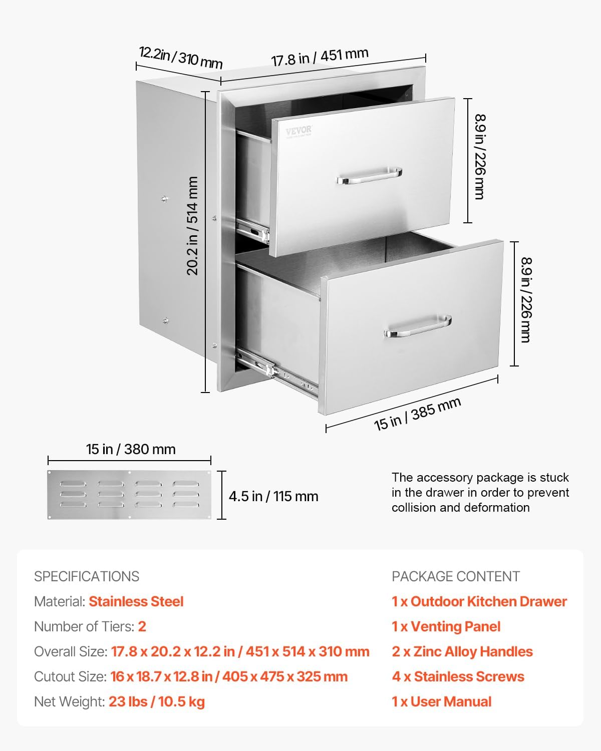 VEVOR Outdoor Kitchen Drawers, 17.8W x 20.2H x 12.2D Inch, Flush Mount Double BBQ Drawer, Stainless Steel BBQ Island with Handle, for Outdoor Kitchens or Patio Grill Station