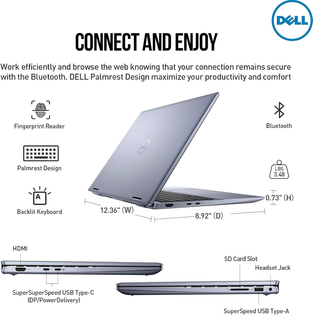 Dell Inspiron 14 2 in 1 Touchscreen Laptop, 14 Inch FHD+ Touch Screen Convertible, AMD Ryzen 5, 8GB RAM 512GB SSD, Windows 11 Pro, Lifetime Microsoft Office, Backlit Keyboard, Fingerprint Reader, HDMI
