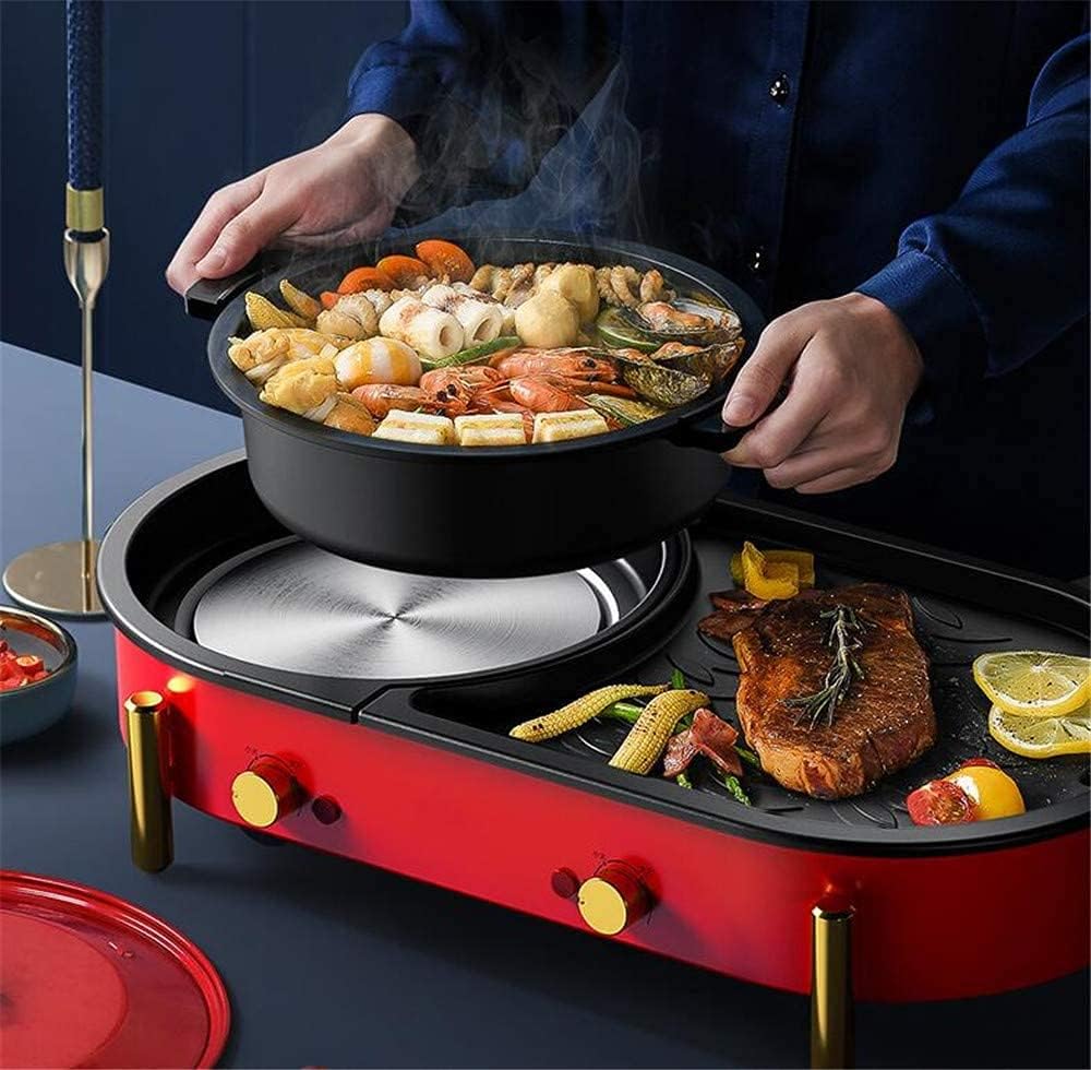 Electric Hot Pot Grill Indoor 2200W Non-Stick Baking Pan Separate Dual Temperature Control Smokeless Barbecue Machine, Easy To Clean 220V,White (Color : Red)