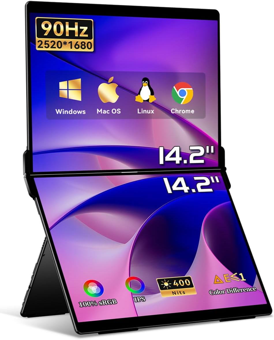 EHOMEWEI X1 Air, 14.2 Inch 90Hz Refresh Rate with 2.8K Display, Dual-Screen, 400 Nit Brightness, 100% sRGB, Portable Monitor for Gaming and Office Working