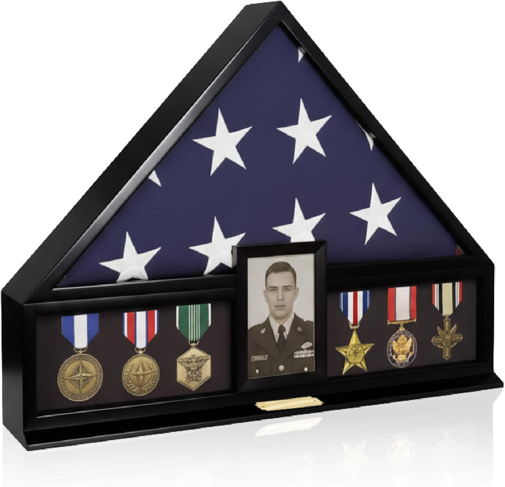 Bey-Berk Personalized American Burial Flag Display Case (Black), Solid Wood Military Shadow Box with Medal Display, 4' x 6' Photo Frame and Glass Front, Fits 5' x 9.5' Veteran Flag