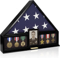 Bey-Berk Personalized American Burial Flag Display Case (Black), Solid Wood Military Shadow Box with Medal Display, 4' x 6' Photo Frame and Glass Front, Fits 5' x 9.5' Veteran Flag