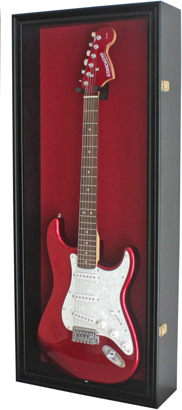 DisplayGifts 42' Electric Guitar Display Case Cabinet Shadow Box with Guitar Hanger Stand, Lockable UV Protection Red Felt Interior with Black Finish Frame
