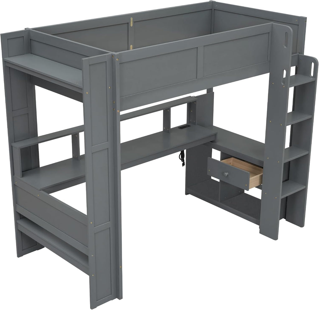 Merax Loft Bed Twin Size with Gaming Desk, Mulfunctional Wood Loft Bed with Storage Shelves, Drawer and Charging Station, for Teens Adults (Dark Grey)
