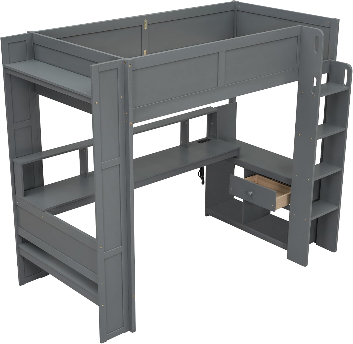 Merax Loft Bed Twin Size with Gaming Desk, Mulfunctional Wood Loft Bed with Storage Shelves, Drawer and Charging Station, for Teens Adults (Dark Grey)