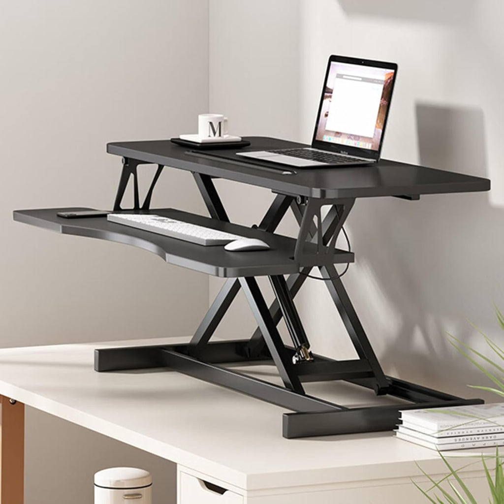 32' Height Adjustable Standing Desk Sit To Stand Converter with Wide Keyboard Tray for Home Office, Stand Up Desk Dual Monitor Riser Workstation with Spacious Tabletop for Laptops/Small Space (Black)