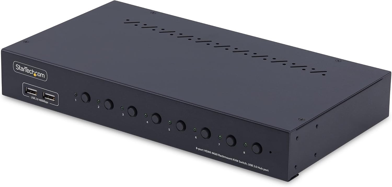 StarTech.com 8-Port HDMI KVM Switch w/1U Rack Mount Kit, 4K 60Hz HDMI 2.0, Push-Button/Hotkey Switching, TAA Compliant