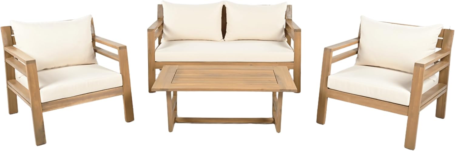 Christopher Knight Home Jamaia 4 Pieces Acacia Furniture Set, Patio Conversation Chat 2-Seat Sofa Set with Coffee Table, Outdoor Loveseat Chair Set for Garden Porch Backyard Balcony, Light Teak+Beige