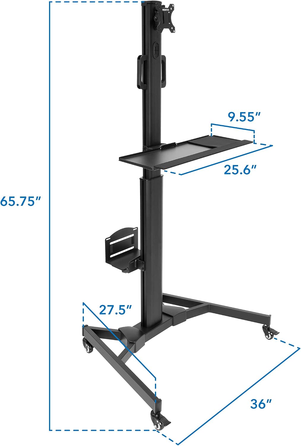 Mount-It! Computer Cart Mobile Desk Workstation with Monitor Mount for Screen up to 32', Rolling Computer Desk PC Cart, Keyboard & Mouse Tray, Rolling Stand with Adjustable CPU Holder, 63.5' Tall