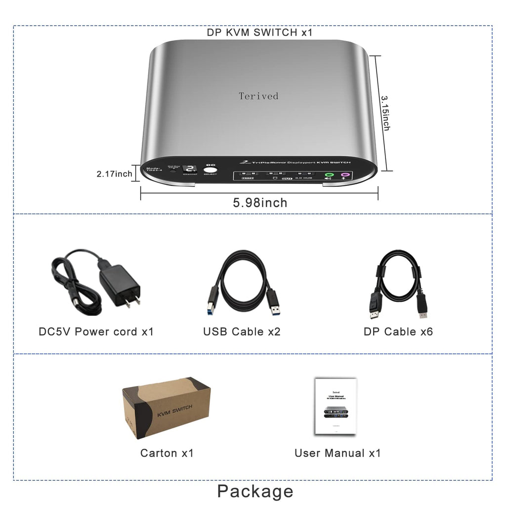 DP 1.4 Triple Monitor KVM Switch 2K240Hz, 4K120Hz, Audio Microphone hotkey with Cables