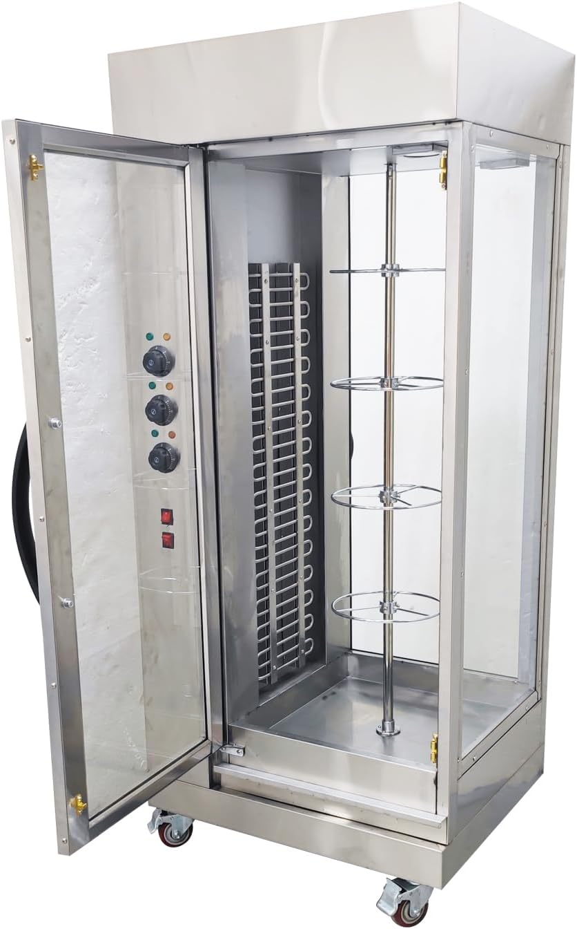 Electric Chicken Grill Machine Rotary Vertical Rotisserie Stainless Steel with Rotating Hanging Basket & Removable Oil Collection Tray 220V 7.5KW 50-300℃ for Meat Chicken Turkey