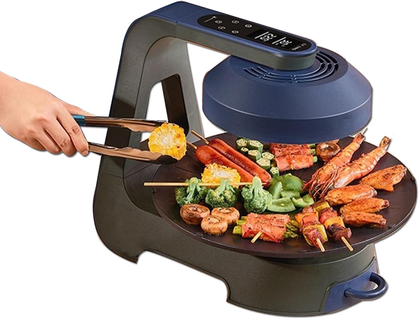 Electric Grill Indoor Cooking Smokeless Grill Oven Surface Adjustable Temperature Nonstick 3D Far Infrared Heating LCD Liquid Crystal Display-1400W, Blue