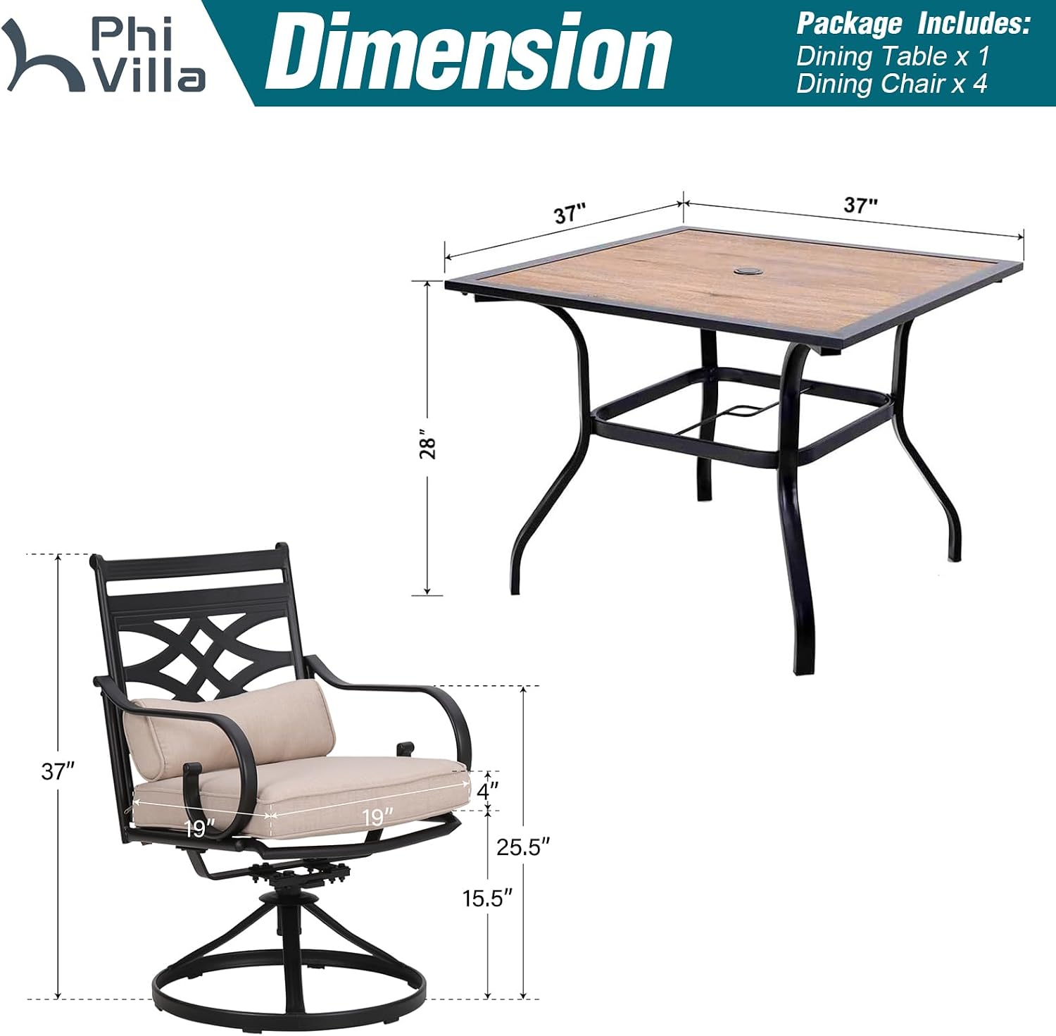 PHI VILLA 5 Pieces Outdoor Dining Set for 4, 37' Square Wood-top Metal Table & Wrought Iron Swivel Chairs, All Weather Large Outside Furniture with Cushions & Pillows for Patio, Deck, Porch