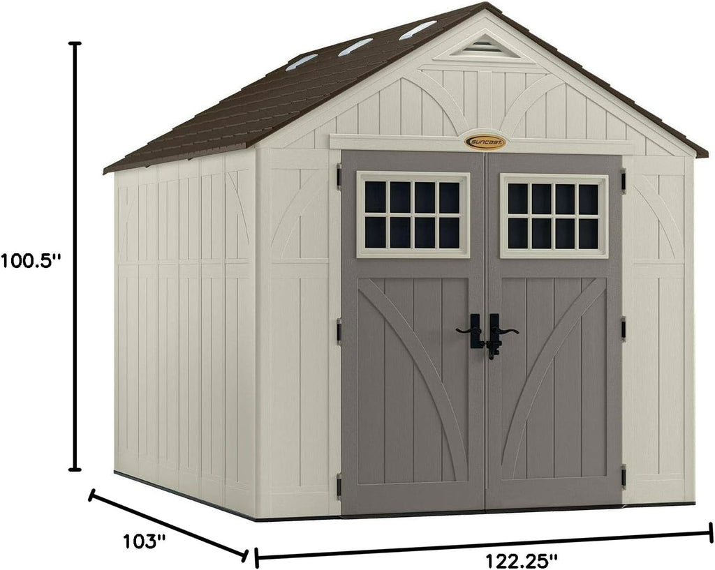 Suncast 8x10 Ft. Outdoor Storage Shed - Large Resin Outdoor Shed with Floor Included, Lockable Double Doors & Skylights. 547 Cu Ft Tremont Garden Resin Sheds for Lawn Tools, Riding Mowers, & Bikes