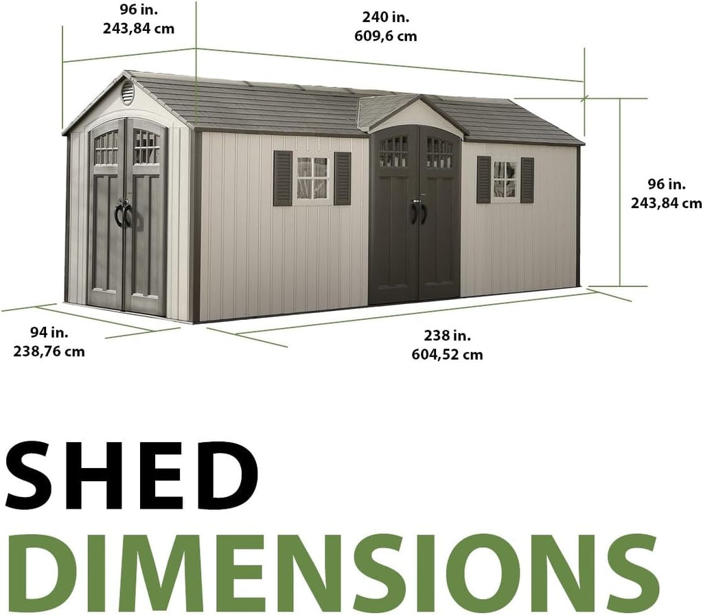 Lifetime 20 x 8 Ft. Outdoor Storage Shed with Steel Reinforced HDPE Walls, Lockable Doors, Windows, Skylights, Adjustable Shelving, Slip‑Resistant Floor, UV‑Protected Backyard Shed