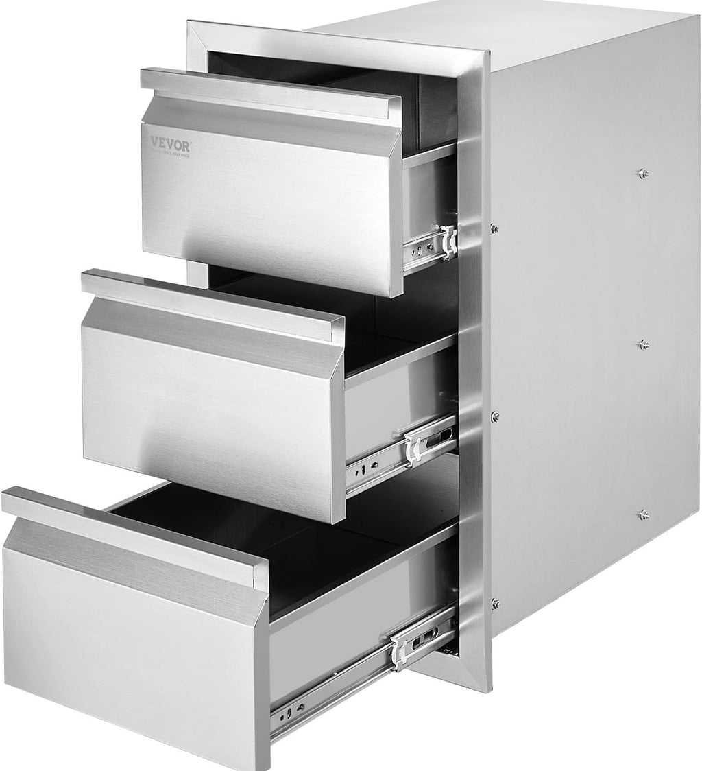 VEVOR Outdoor Kitchen Drawers 14.7' W x 25.4' H x 18.7' D, Box Frame Style Flush Mount BBQ Drawers with Stainless Steel Handle, BBQ Island Drawers for Outdoor Kitchens or Patio Grill Station