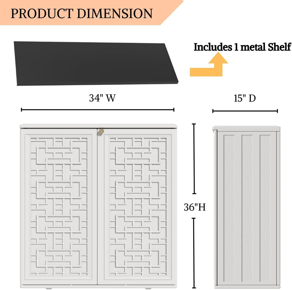 ZZM HDPE Outdoor Storage Shed, Outdoor Plastic Storage Cabinet, Horizontal Resin Tool Shed for Garden, All Weather Outdoor Storage Clearance, DIY Usage, with one Shelf (White)