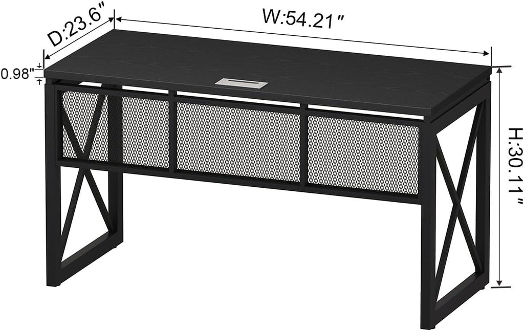 BON AUGURE Black Computer Desk, Modern Gaming Desk, Industrial Wood Office Desks, Sturdy Writing Desks for Home Office, Living Room, Study Workstation, Bedroom (Black, 54 Inch)