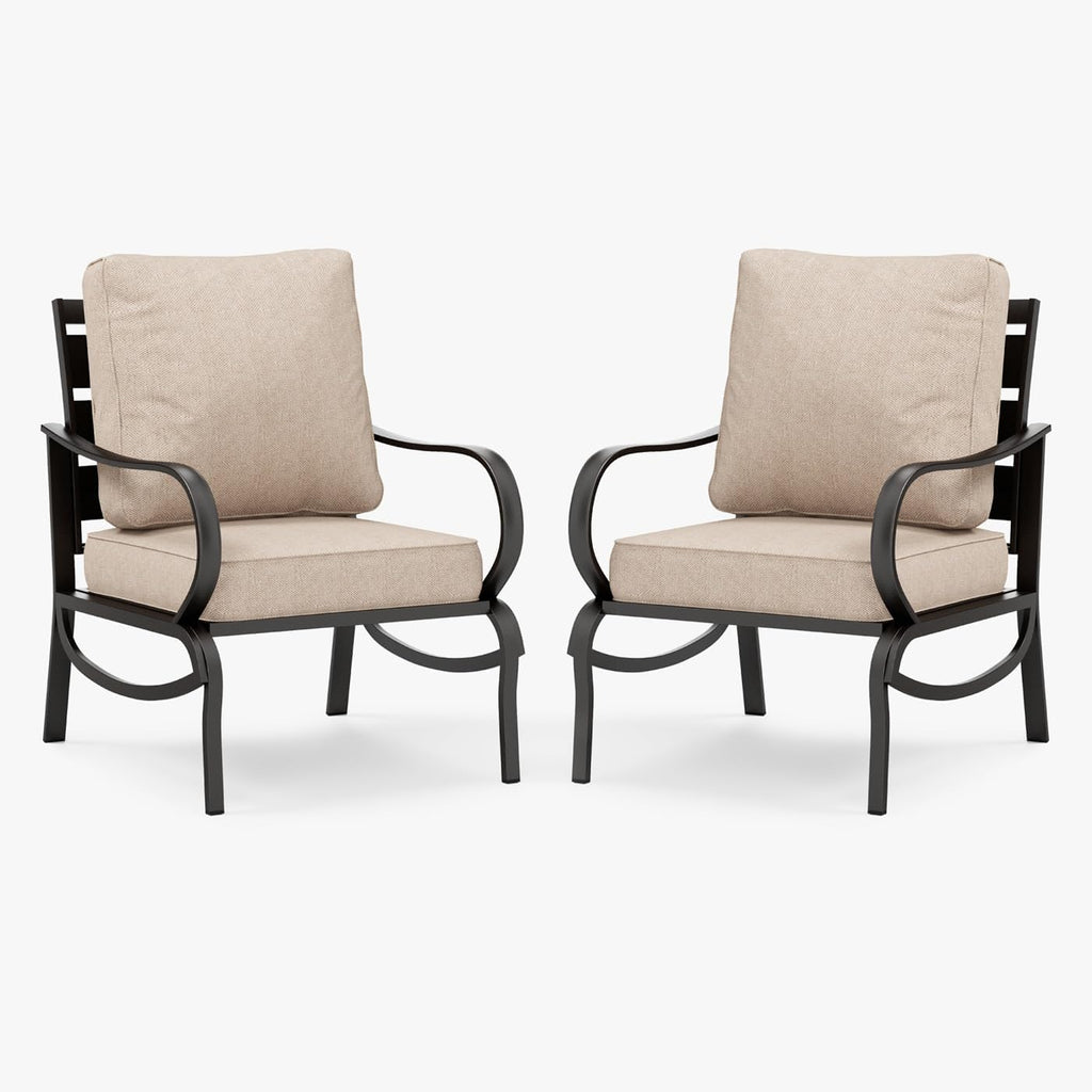 MFSTUDIO Metal Patio Conversation Sets, Outdoor Furniture Sofas Set of 2, 2 Pieces Durable Steel Frame Patio Chairs with 5.8' Beige Cushions for Patio Garden Backyard Balcony