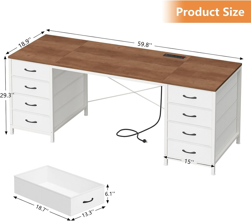 YOMILUVE 60 Inch Computer Desk with 8 Drawers, Home Office Desk with Power Outlets, Work Study Gaming Desk with 8 Fabric Drawers, Brown and White