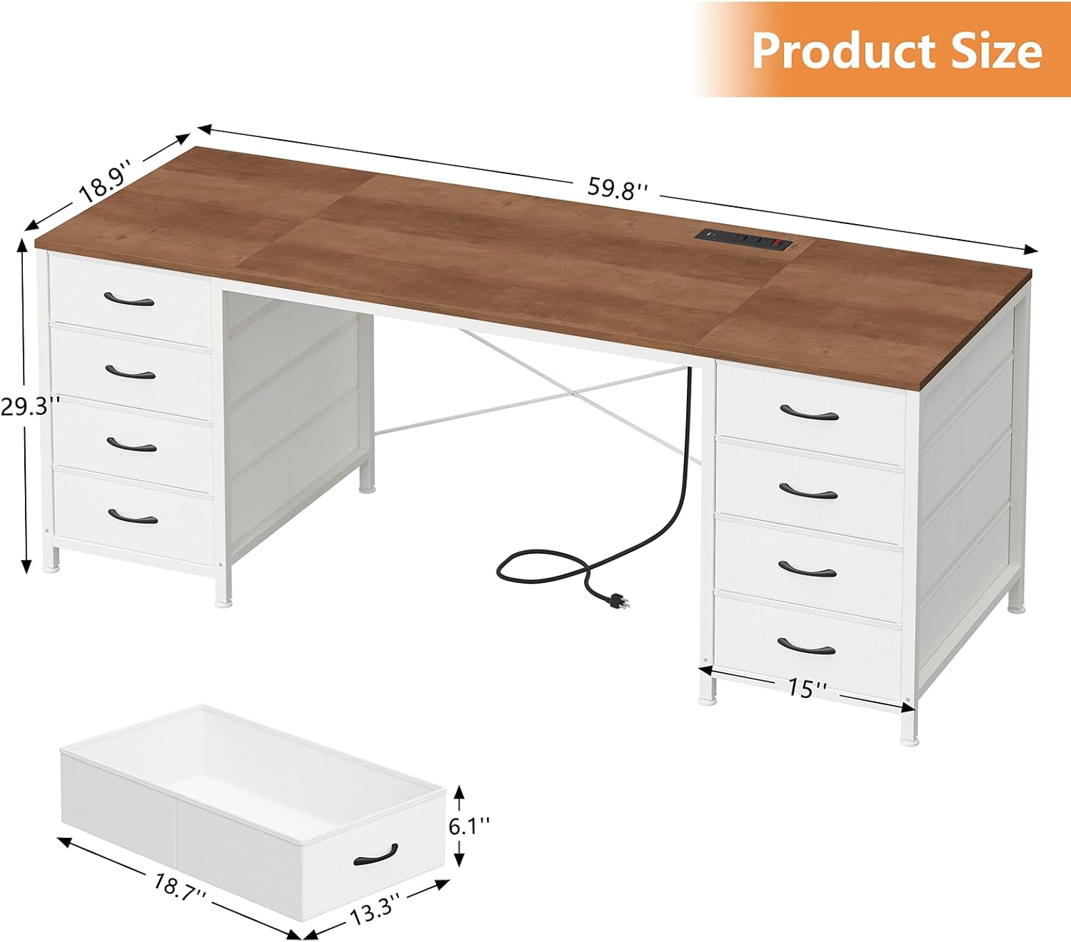 YOMILUVE 60 Inch Computer Desk with 8 Drawers, Home Office Desk with Power Outlets, Work Study Gaming Desk with 8 Fabric Drawers, Brown and White