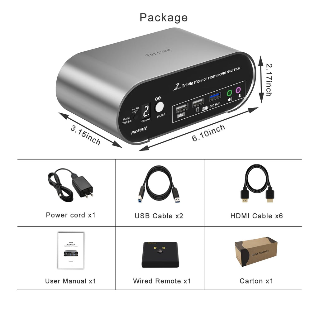 2 Computers 3 HDMI Monitors KVM Switch 8K@60Hz Triple Monitors, Wired Remote and Hotkey Switching, EDID, Audio and Microphone, Aluminum Alloy Shell,Digital Display, HDR10 with Cables