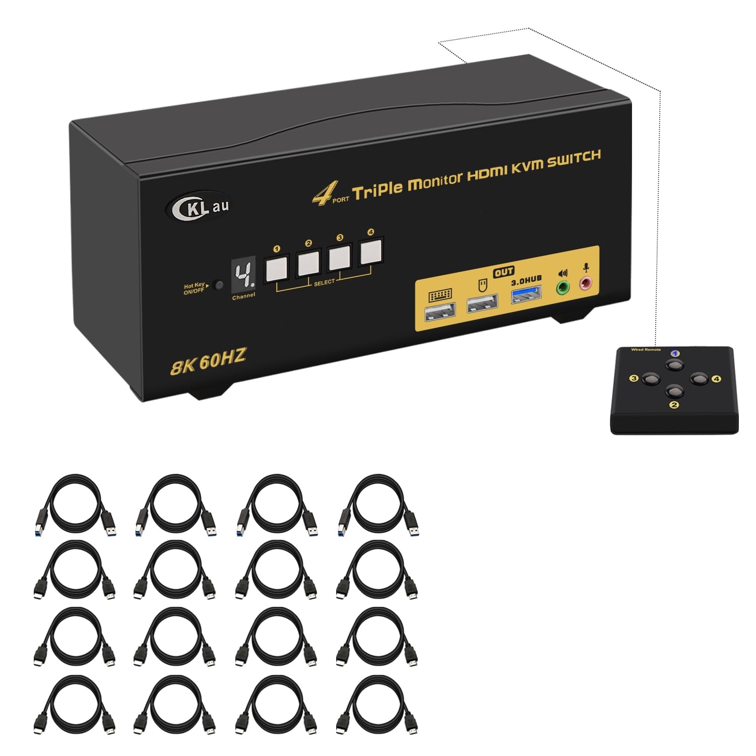 Triple Monitor HDMI KVM Switch 4 Port with Cables, Microphone, Audio, USB 3.0 Hub, Digital Display Supports 8K@60Hz, 4K@144Hz, Emulation EDID, Hotkey Function