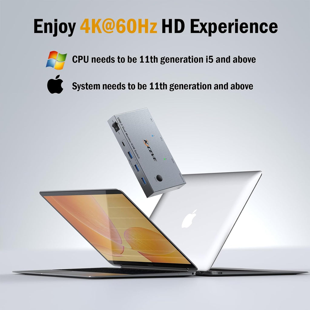4K60Hz Dual Laptop USB C KVM Switch Dual Monitor, Share 4 USB 3.0 Devices & PD 80W Charging, Plug and Play with Wired Remote and 2 USB-C 3.1 Cables