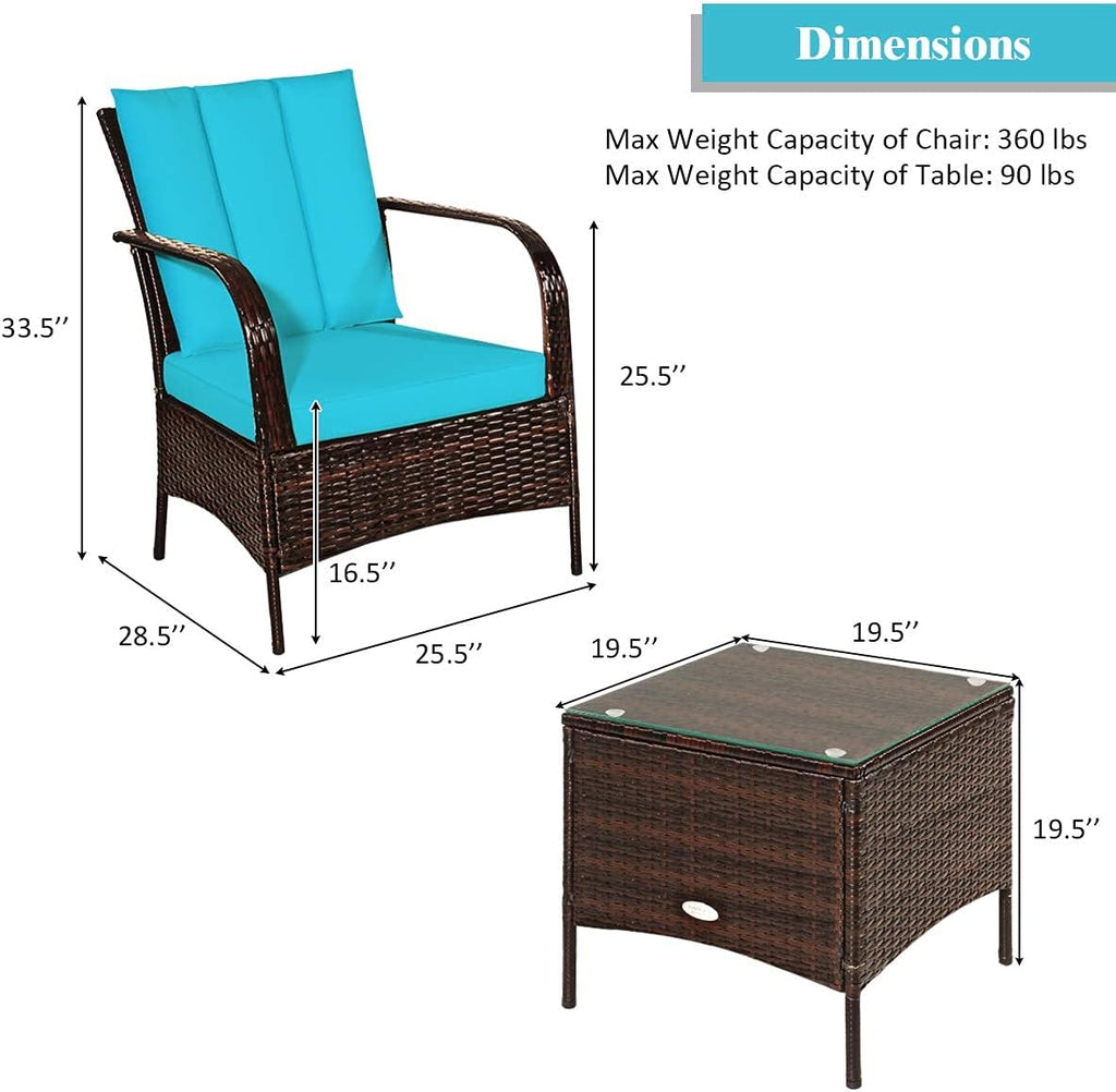 Tangkula 3 Piece Patio Furniture Set, 2 Wicker Chairs with Glass Top Coffee Table, Outdoor Garden Porch Poolside Furniture Set for 2, Rattan Conversation Set