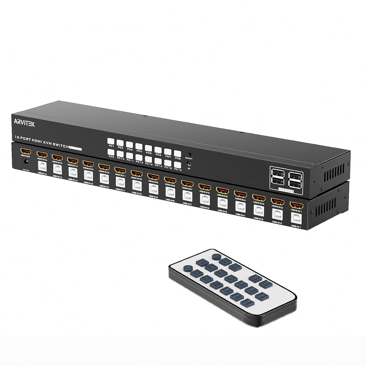 16 Ports KVM Switch HDMI, 16 in 1 Out Rack Mount KVM 4K@30Hz with 4 USB 2.0 Ports, 16 Computers Share 1 Set of Monitor, Keyboard, Mouse, Included 16 HDMI Cables + 16 USB-B Cables + IR Remote