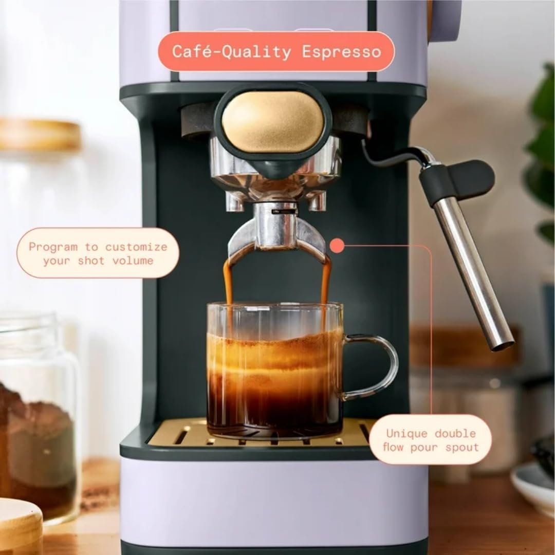 Slim Espresso Maker – 20‑Bar Pressure, Dual‑Spout 52 mm Portafilter, 50 oz Removable Tank, 2‑in‑1 Steam Wand & Touch Controls (Lavender)