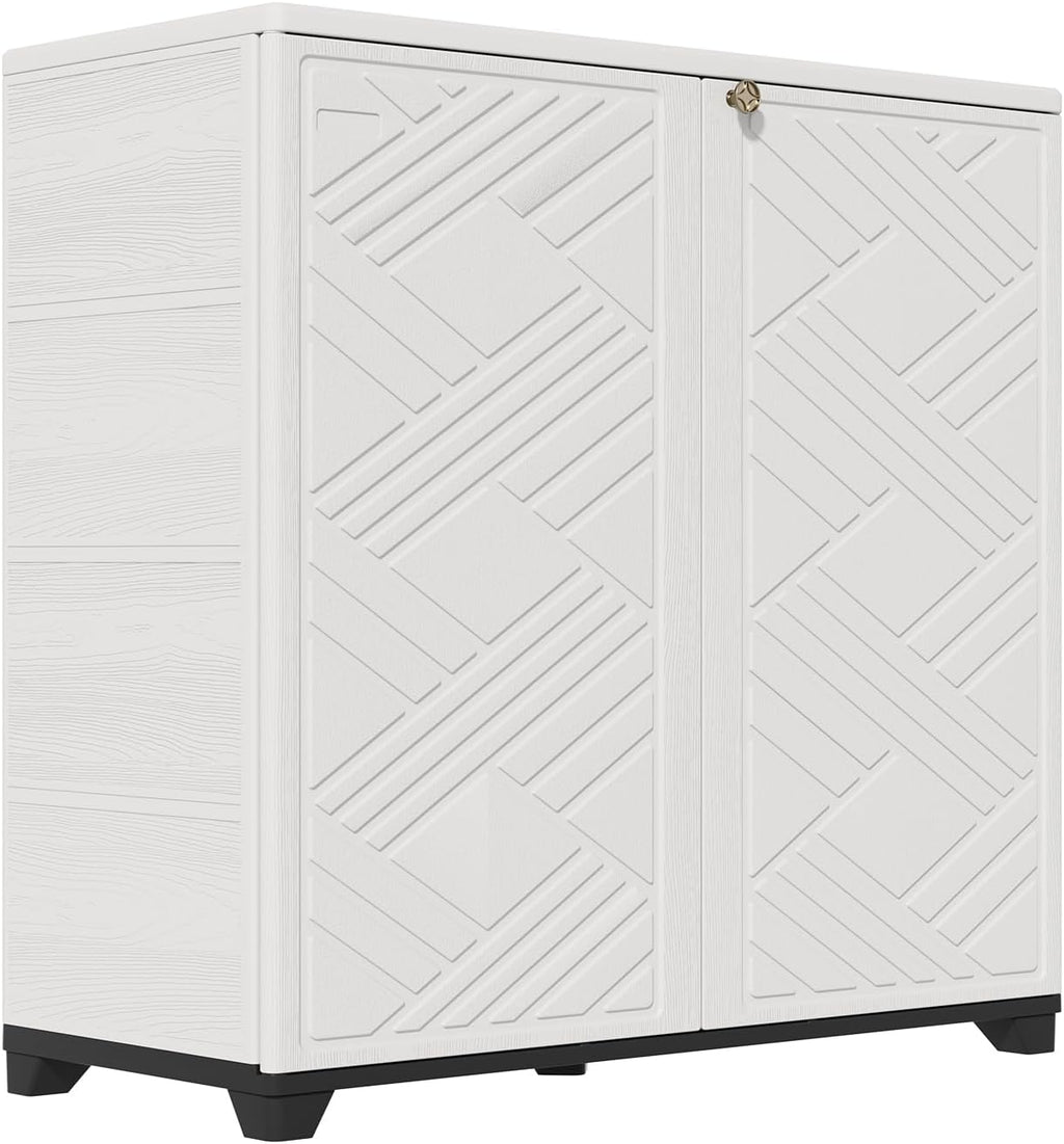 HOMSPARK Indoor/Outdoor Storage Cabinet with Doors and 2 Metal Shelves, 34'x15'x34' HDPE Plastic Storage Box for Patio, Garden, Enterway, Balcony, Multi-Purpose for Daily Tools, White