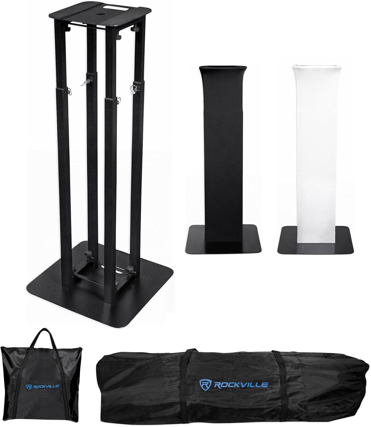 Rockville RTP32B Totem Pole Moving Head Light Stand, Adjustable 39 - 68.8 in, Black/White Scrims, Carry Bags, Tool‑Free Setup, 35mm Speaker Mount, for Mobile DJs & Events