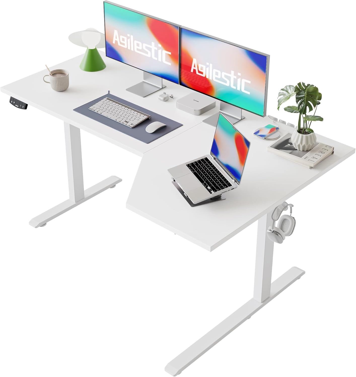 Agilestic Electric Standing Desk, Height Adjustable Desk, 59 x 35 Inch Sit Stand up for Work Office Home, L Shaped Ergonomic Rising Computer Table with Memory Preset, White