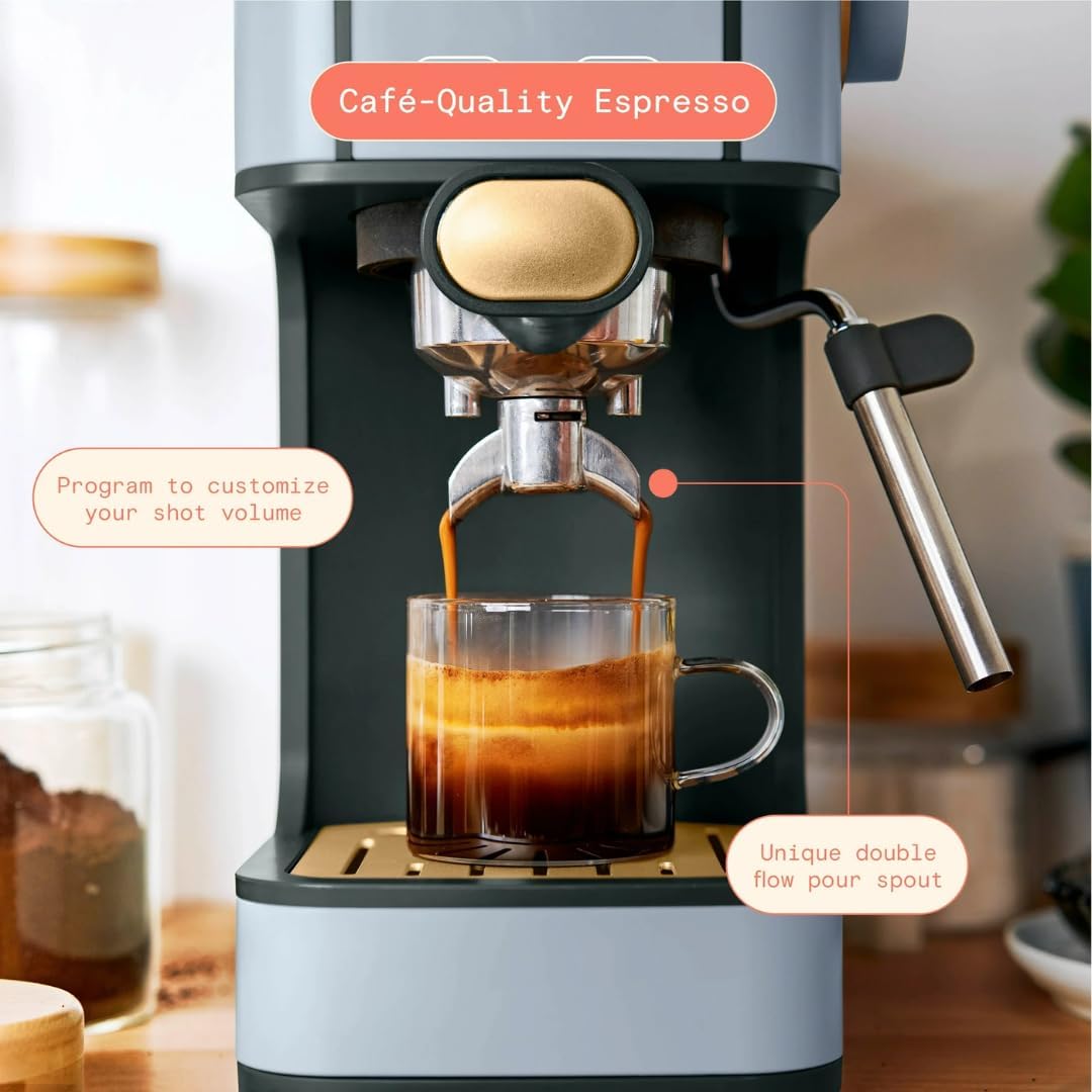 Slim Espresso Maker – 20‑Bar Pressure, Dual‑Spout 52 mm Portafilter, 50 oz Removable Tank, 2‑in‑1 Steam Wand & Touch Controls (Cornflower Blue)
