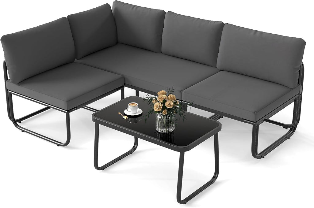 Tangkula 4 Pieces L Shaped Patio Furniture Set, Outdoor Metal Sectional Sofa Couch with Cushions and Tempered Glass Coffee Table, Outside Conversation Set for Garden, Deck and Yard (Gray,2)