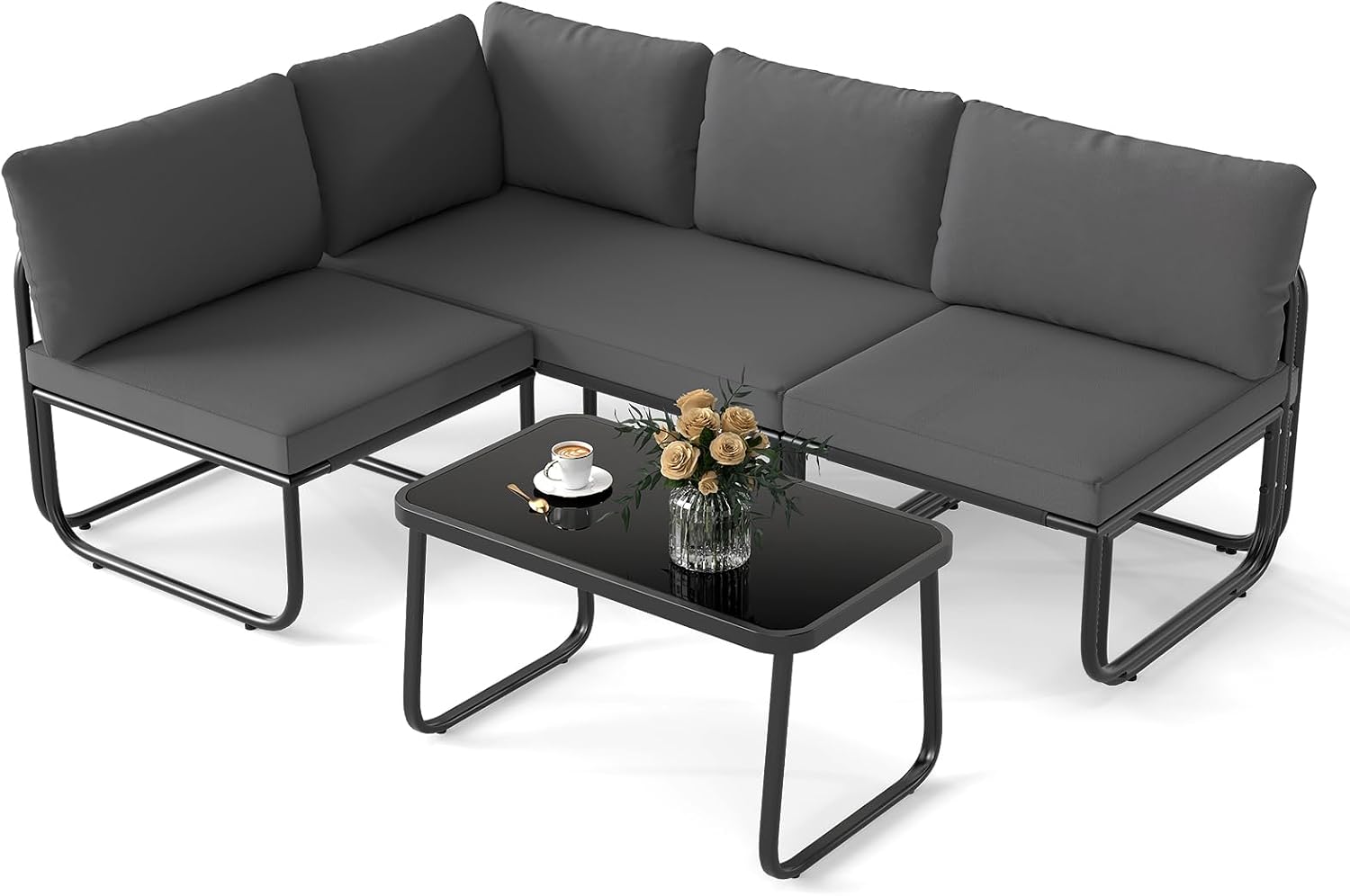 Tangkula 4 Pieces L Shaped Patio Furniture Set, Outdoor Metal Sectional Sofa Couch with Cushions and Tempered Glass Coffee Table, Outside Conversation Set for Garden, Deck and Yard (Gray,2)