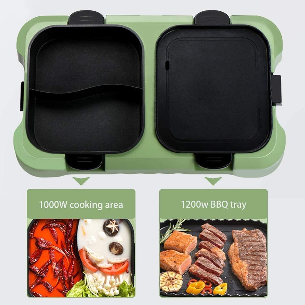 Electric Grill And Hot Pot,Fast Heat Hot Pot,Smokeless BBQ Grill Non-Stick Pan,Separate Dual Temperature Control,for 2-12 People,Red (Color : Green)