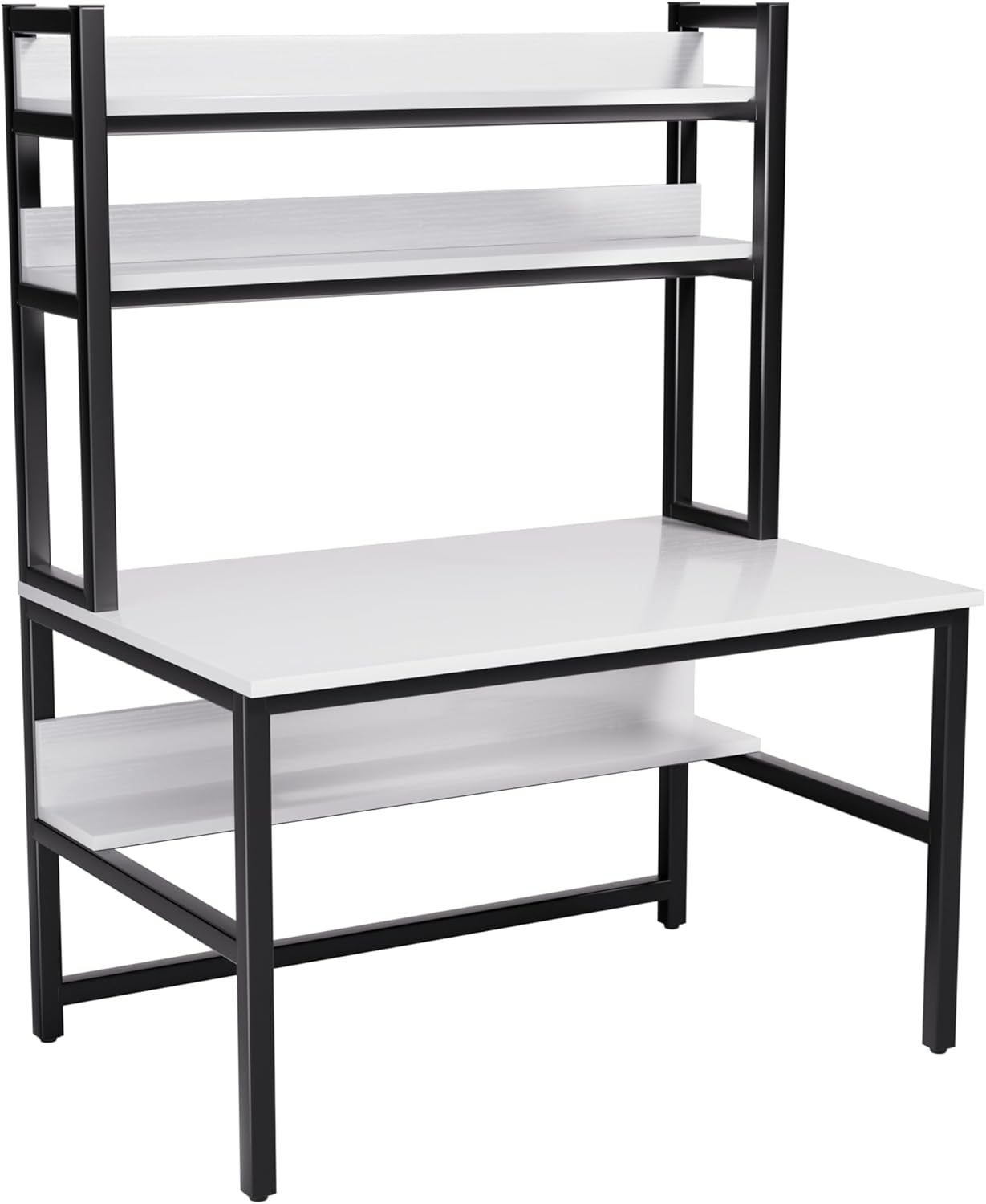 Aquzee Computer Desk with Shelves, 47' W x 23.6' D Gaming Desk with Hutch and Bookshelf, White Study Table for Bedroom Space Saving with 3 Tier Storage Shelf, Home Office Desk for Writing Work