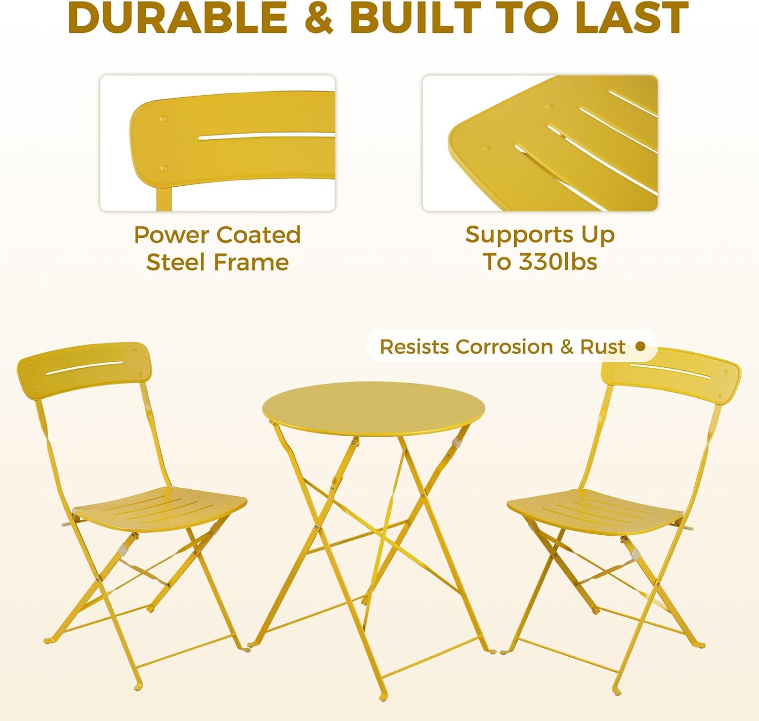 Grand patio Premium Frame Patio Bistro Set, Colorful Folding Outdoor Patio Furniture Sets, 3-Piece Patio Table and Chair Set, Yellow