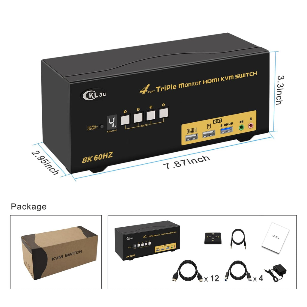 Triple Monitor HDMI KVM Switch 4 Port with Cables, Microphone, Audio, USB 3.0 Hub, Digital Display Supports 8K@60Hz, 4K@144Hz, Emulation EDID, Hotkey Function