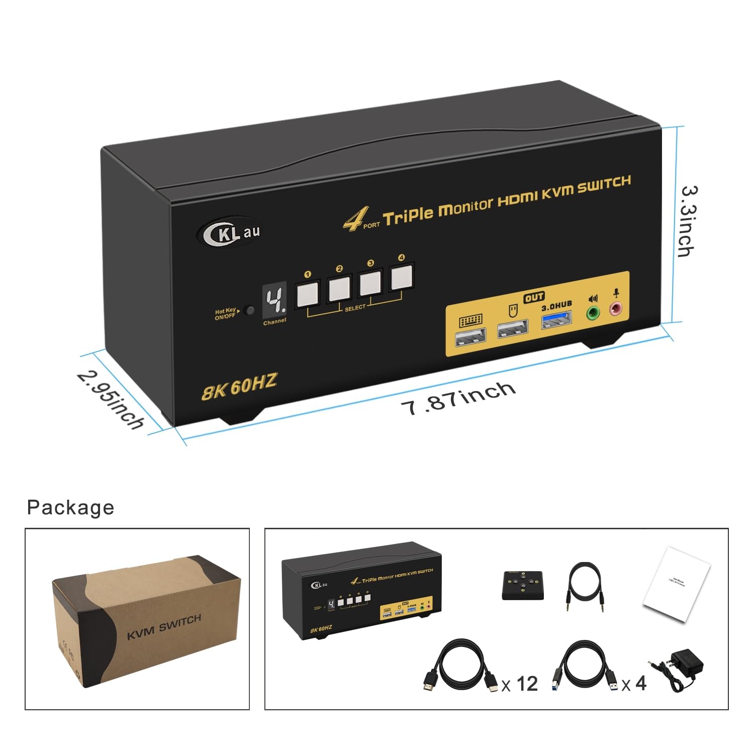 Triple Monitor HDMI KVM Switch 4 Port with Cables, Microphone, Audio, USB 3.0 Hub, Digital Display Supports 8K@60Hz, 4K@144Hz, Emulation EDID, Hotkey Function