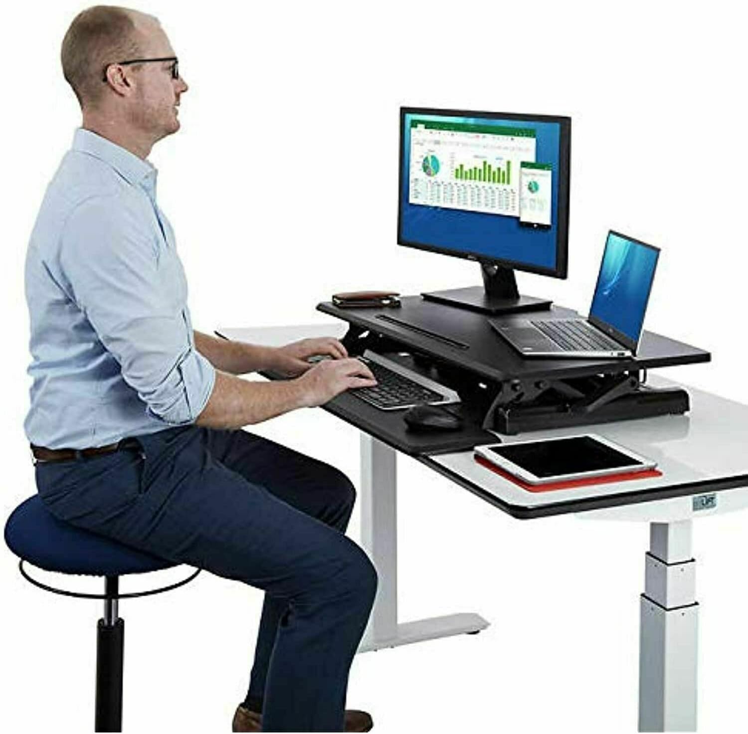 Seville Classics Airlift Height Adjustable Sit Desk Converter Workstation Standing Ergonomic Dual Monitor Riser with Keyboard Tray, Compact Rectangular 30', Midnight