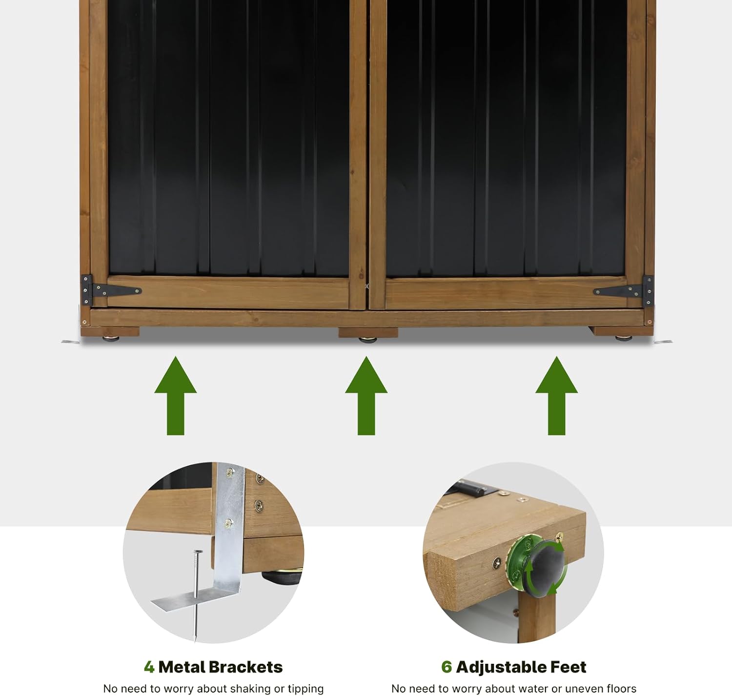 Outdoor Storage Cabinet Wood & Metal with Waterproof Roof, Garden Tool Shed with 4 adjustable reinforced feet with metal brackets, 3 Removable Shelves, 6 T-Hinge, Magnetic door,18.1'D x 49'W x 68.5'H