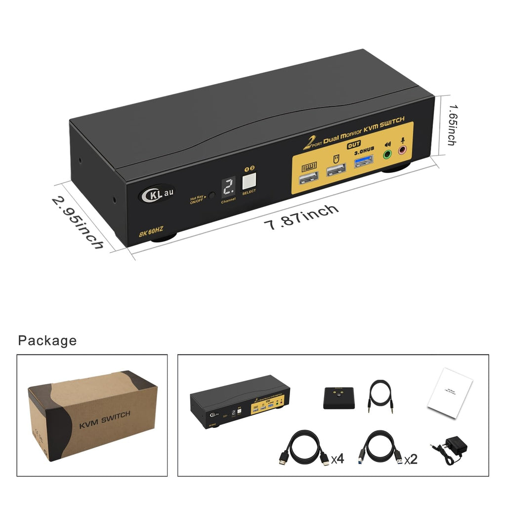 2 Port HDMI KVM Switch 2 Monitors 8K@60Hz 4K@144Hz with Cables Supports Emulation EDID, Hotkey Switching, 5.1 Digital Fiber Optical and 7.1 Surround Sound Audio Output