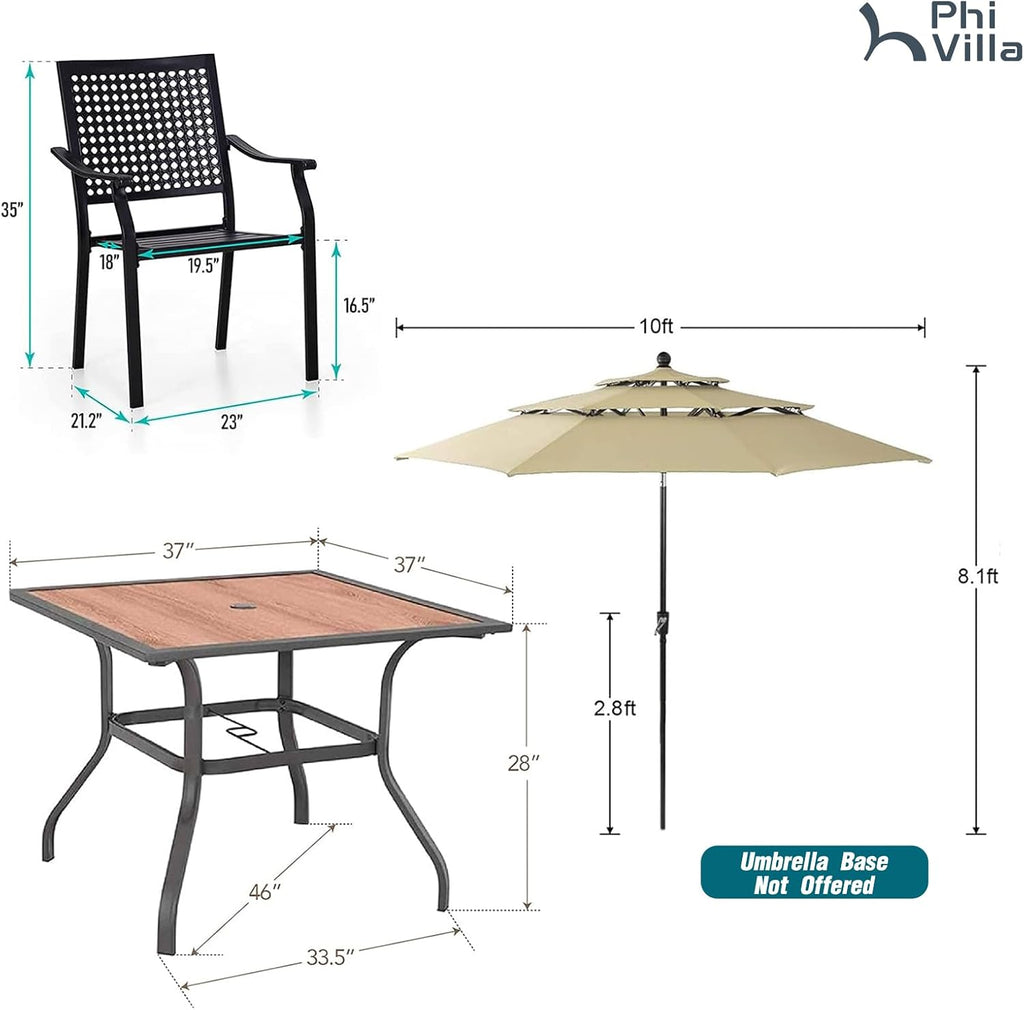 PHI VILLA 5 Pieces Outdoor Dining Set for 4 with Umbrella, 37' Square Wood-Like Steel Table & Stackable Iron Chairs with Cushions & 10ft Beige Umbrella, Modern Furniture for Patio, Deck, Yard, Porch
